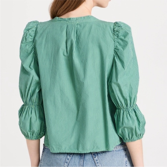 Nation LTD Geneva Blouse Havana Green Poplin Puff Sleeve Button Down Size Small - Picture 2 of 10
